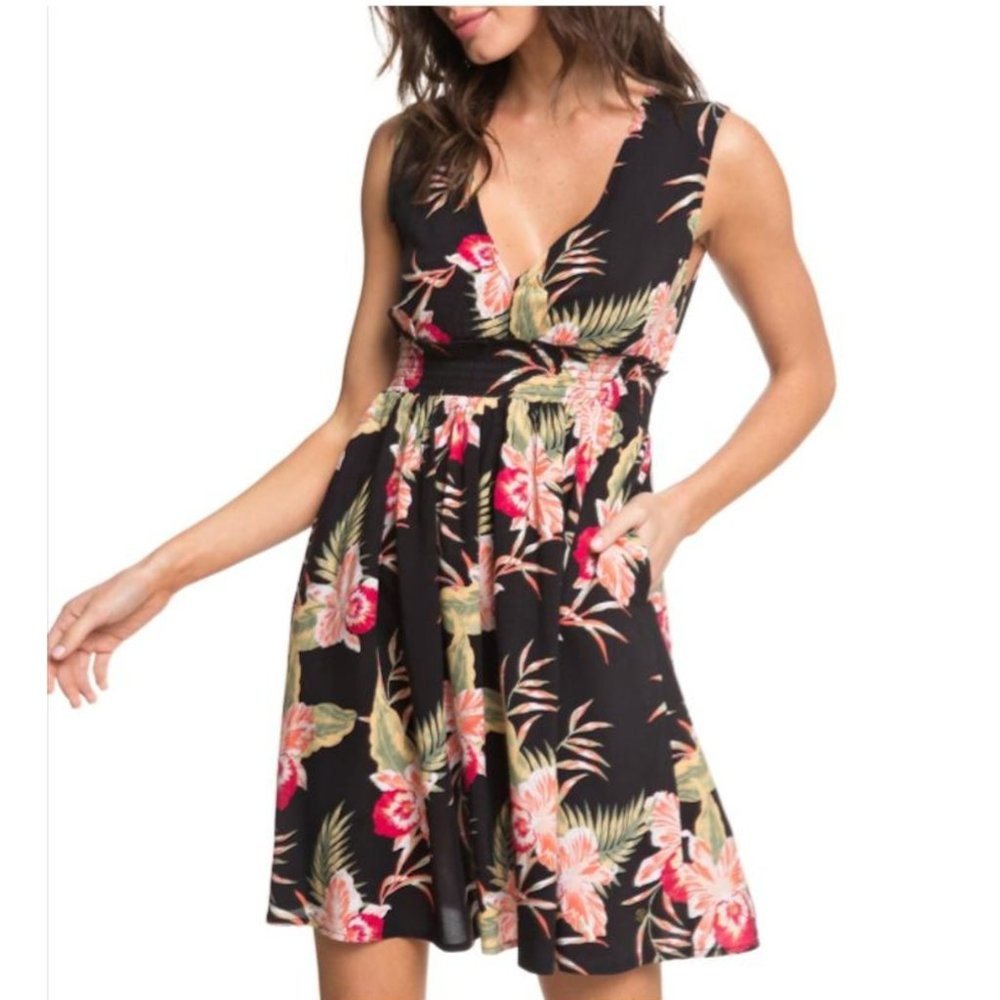 ROXY Black Mini Floral Dress, Keyhole Back size M 100% Viscose